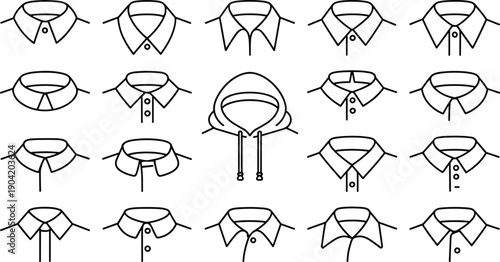 Collection of shirt collar and hoodie neckline styles in clean vector line art, fashion design elements set, buttons, plackets, drawstrings, editable outlines