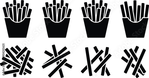 Black silhouette icons of French fries in containers and scattered pieces, fast food snack illustration, restaurant graphic design art