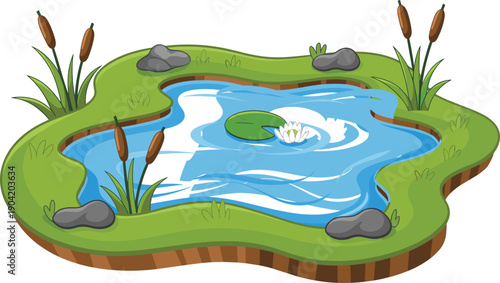 Cute cartoon pond with lily pad, water lily flower, cattails, rocks and grassy bank landscape illustration