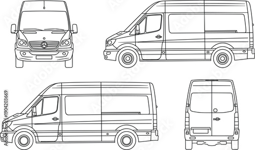 Delivery cargo van blueprint in clean vector line art, front, side and rear views, commercial transport vehicle template, technical outline for branding and design