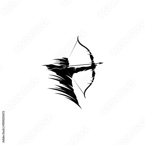 Abstract silhouette of a person drawing a bow and arrow.