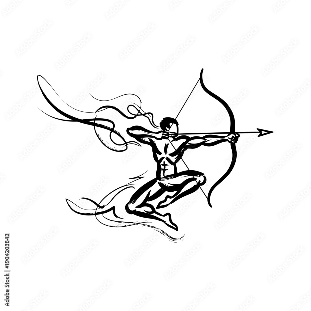 Fototapeta premium Dynamic archer illustration in action with bow drawn and flowing lines.