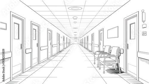 Empty hospital corridor interior in detailed vector line art, long hallway with doors, ceiling lights, waiting chairs, perspective view, clean medical facility design