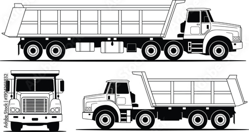 Heavy duty dump truck vector illustration set in clean line art, side and front views, construction tipper lorry templates for industrial transport design
