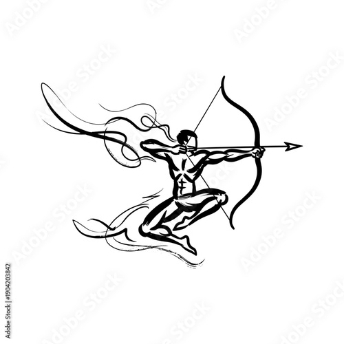 Dynamic archer illustration in action with bow drawn and flowing lines.