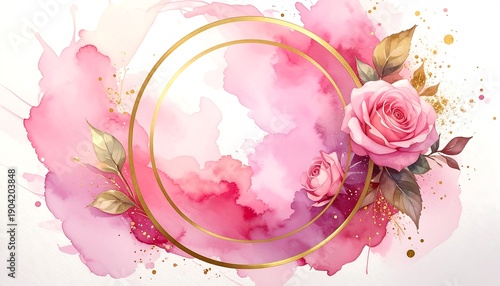 A watercolor composition with pink hues, a golden circular frame, and roses with foliage, evoking elegance