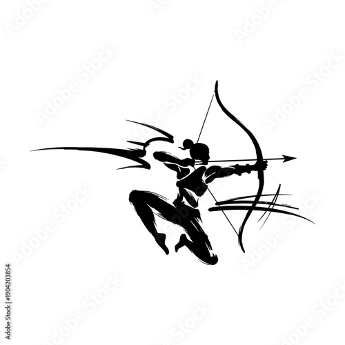 Silhouette of an archer in action with bow drawn for archery sport and dynamic stance.