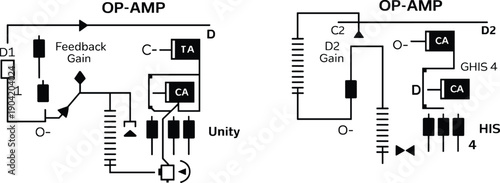 Operational amplifier circuit diagram vector illustration showing feedback gain and unity configurations, clean electronic schematic layout for analog electronics education and design reference