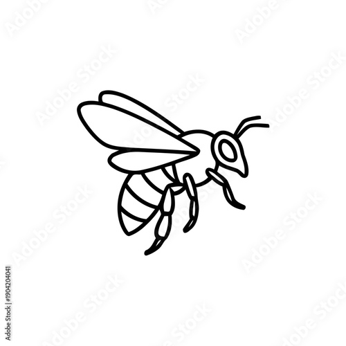 Minimal Line Drawing of a Bee with Simple Insect Features, Black and White Illustration.