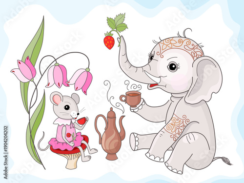Teatime with cute mouse and elephant. Beautiful mouse in pink dress sits on mushroom under flowers. Elephant with cup of tea gives strawberry. Pretty card. 
