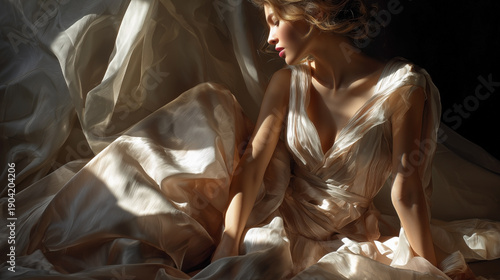 A woman is laying on a bed in a white dress