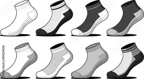 Set of eight ankle socks in realistic vector illustration, modern athletic footwear designs, ribbed cuffs, contrasting heels and toes, side views, editable scalable graphics