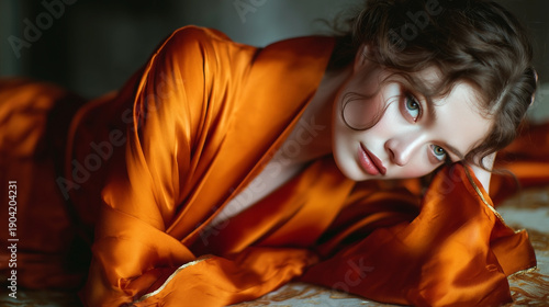 A woman is laying on a bed in an orange robe