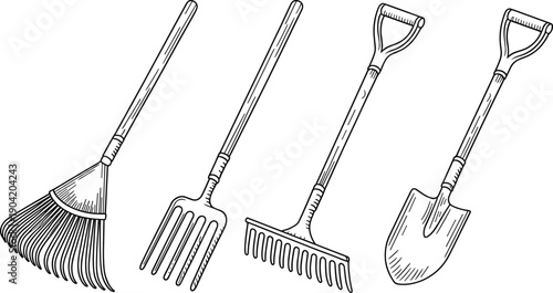 Set of four gardening tools in detailed vector line art, leaf rake, garden fork, wide tooth rake and digging shovel with wooden handles, editable