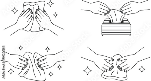 Set of four hand cleaning and wiping actions in vector line art, using cloth and wet wipes from tissue box, hygiene routine, editable outline icons