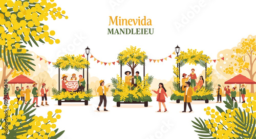 Isometric illustration of people celebrating Mimosa Festival in Mandelieu with yellow flowers and decorations.