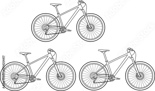 Set of four mountain bikes in precise vector line art, side views showing frames, forks, disc brakes, spokes, drivetrain, handlebars, tires, realistic technical outlines