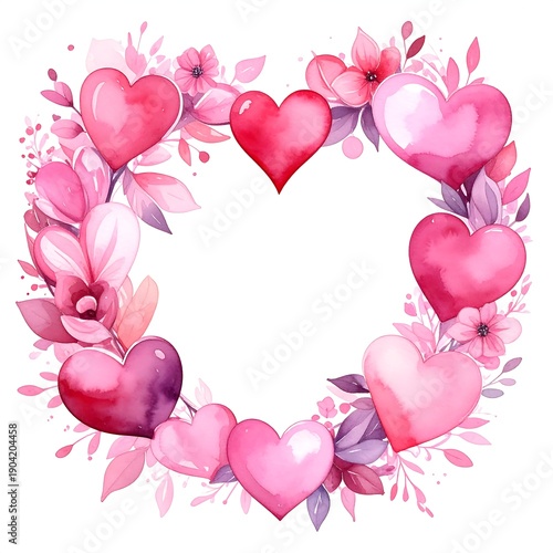 A watercolor illustration of a heart-shaped wreath composed of pink hearts and floral elements