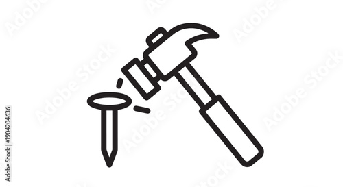 Simple black and white line icon illustrating a hammer striking a nail for construction or repair work