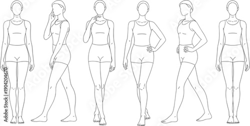 Set of six female body pose templates in clean vector line art, standing and walking views for fashion design, anatomy reference and figure studiesSet of six female body pose templates in clean vector