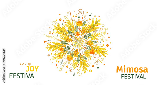 Colorful illustration of a Mimosa Festival logo with spring flowers and decorations on a white background.