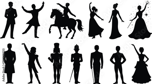 Theatrical character silhouettes set featuring dancers, rider on horse, magician, performers, fairy, stage costume figures