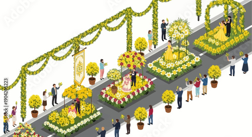 Isometric illustration of a vibrant Mimosa Festival with people celebrating along a decorated street filled with yellow flowers and balloons in Mandelieu during spring.