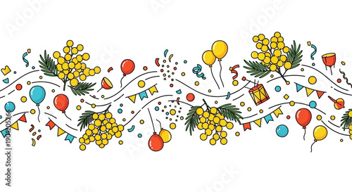Isometric illustration of a vibrant Mimosa Festival celebration with yellow flowers, colorful balloons, and decorations on a white background, conveying a joyful spring atmosphere.