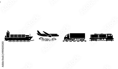 SEO Title
Freight Transport Vector Infographic Set: Sea Ship, Airplane, Truck, and Train Silhouettes