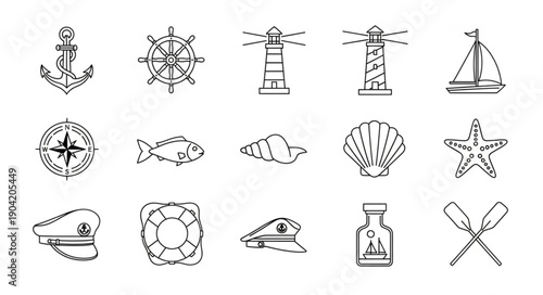 Nautical Icons Set Anchor Ship Wheel Lighthouse Sailboat Compass.