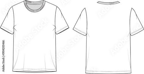Basic t shirt technical drawing template, front and back view apparel vector outline, casual clothing fashion illustration design mockup