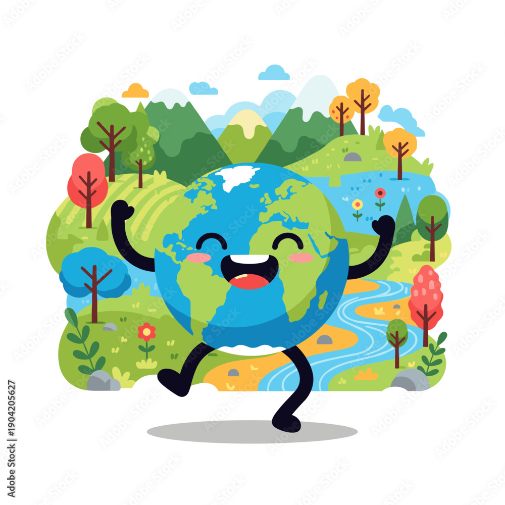 Obraz premium Cute cartoon illustration of the Earth with a tree, birds, and animals celebrating nature and the world