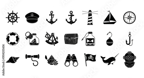 Nautical Maritime Icons Set Collection Of Marine Symbols.