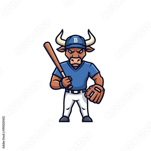 Cartoon Bull Baseball Player Mascot Holding Bat and Glove.