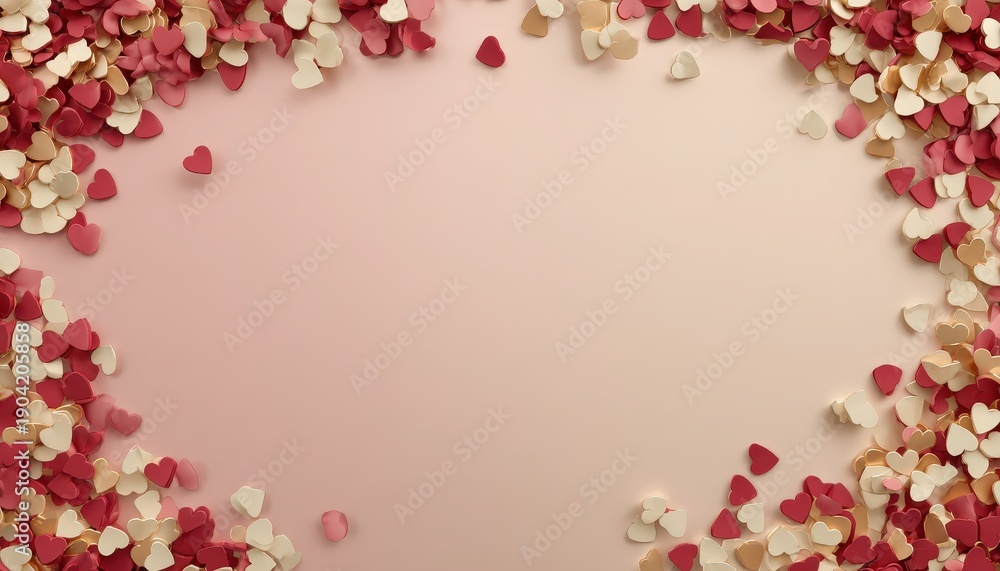 Obraz premium Numerous small heart shaped confetti pieces frame a soft, pale background surface