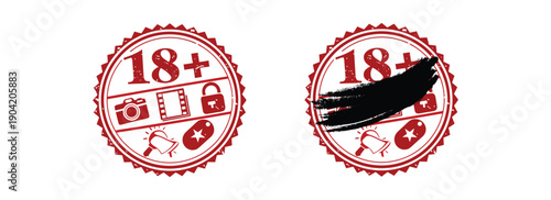 Censored stamp. Grunge red 18 plus label. Classic confidential rubber stamp, warning badge, blocked content icon, blocked content, information control elements. Vectors set