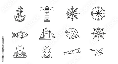 Nautical Icons Set Hand Drawn Sketch Style.