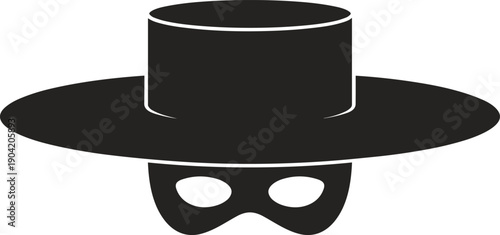 Black silhouette of mysterious masked figure wearing wide‑brim hat, vigilante character icon, secret identity illustration graphic design