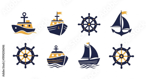 Nautical Icons Set Featuring Ships and Steering Wheels.
