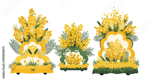 Illustration of three yellow mimosa flower arrangements with green leaves on decorative stands for a spring festival or celebration in a flat, isometric design.