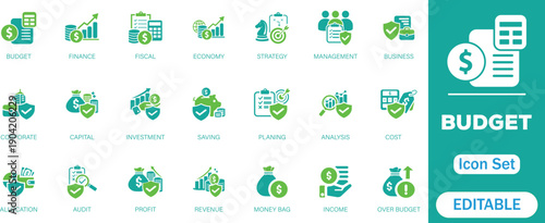Budget icon set. Containing expense, money management, savings, spending, income, allocation, cost estimate and more. Solid vector icons collection.