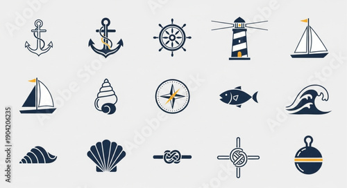 Nautical Icons Set Featuring Anchors Ships Compass and Lighthouse.