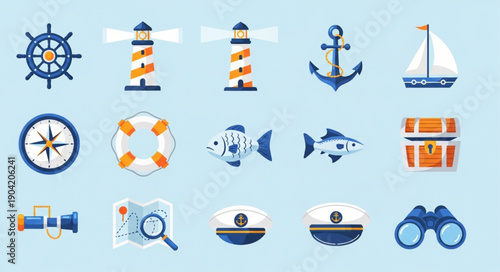 Nautical Icons Set Featuring Ship Wheel Anchor Compass And Lighthouse.