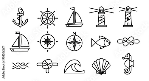 Nautical Icons Set Featuring Anchor Ship Wheel Lighthouse and Fish.
