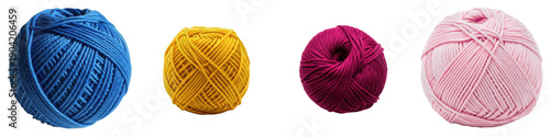 Photos Set of colorful wool yarn balls in blue, yellow, magenta, and pink isolated on w