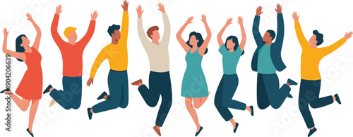 Large Group of Diverse Happy People Jumping Together in Celebration Flat Vector Illustration