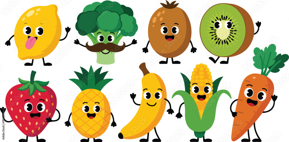 Fototapeta premium Cute Fruit and Vegetable Character Icon Set with Happy Food Mascots for Kids Education and Healthy Eating