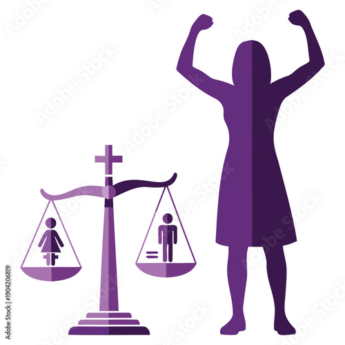 Empowerment and gender equality symbolized by a triumphant figure and balanced scales.