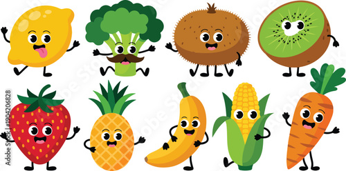 Cute Fruit and Vegetable Character Icon Set with Happy Food Mascots for Kids Education and Healthy Eating