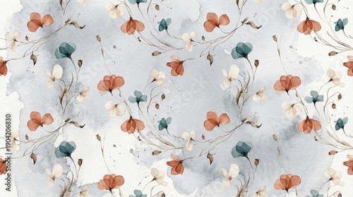 Watercolor floral seamless pattern with terracotta, teal, and white flowers on a light blue textured background